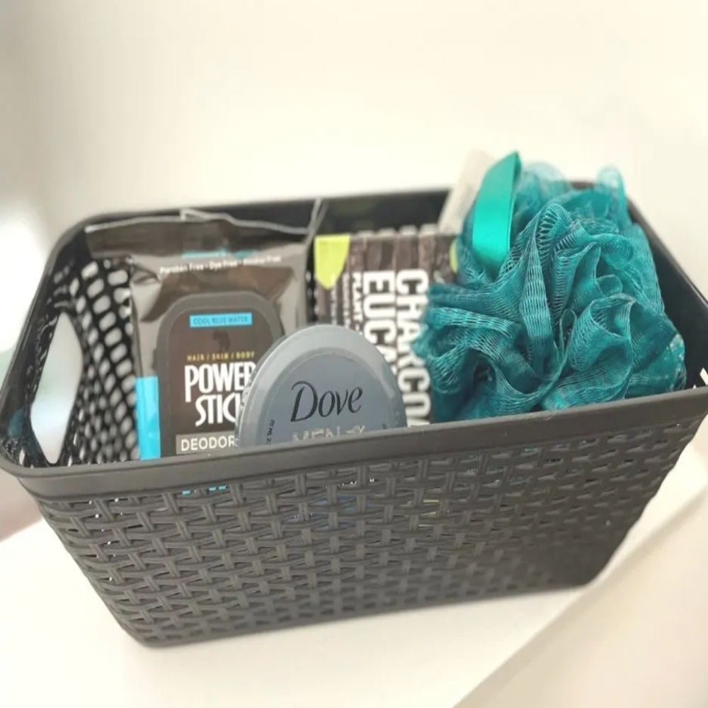 Black Basket with Teal Bath Accessories